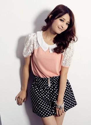 Lace-sleeve Blouse 12829 -Pink Lace-sleeve Blouse 12829 -Pink