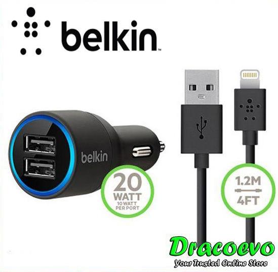 (OEM) Belkin Dual Port USB Car Charger Apple iPhone Micro USB Cable (OEM) Belkin Dual Port USB Car Charger Apple iPhone Micro USB Cable