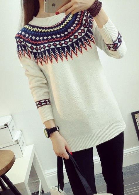 Retro Ethnic-style Knit Long Sleeve Blouse (White) Retro Ethnic-style Knit Long Sleeve Blouse (White)