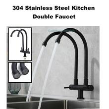 Black 304 Stainless Steel Kitchen Basin Double Faucet Water Tap 2796.1