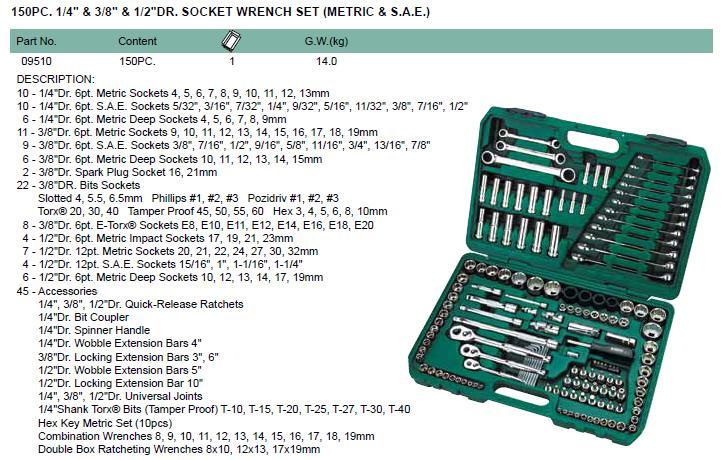 09510 SATA 150PC 1/4X3/8X1/2' DR. Socket Set Wrench Set