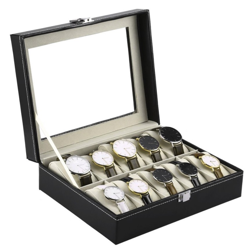 10 or 12 Slot Leather Glass Watch Display Storage Box Jam Tangan