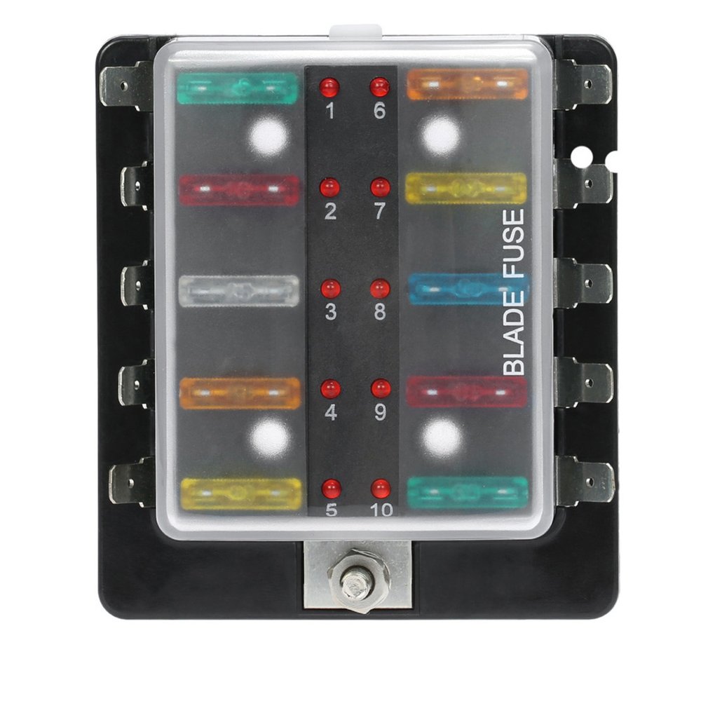 10 Way Car Blade Fuse Box Holder with Red LED Warning Light for Car Bo.