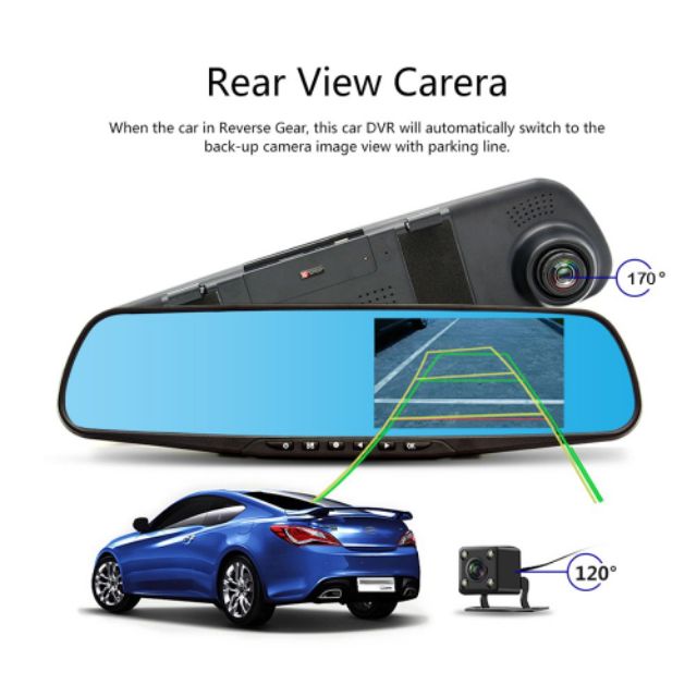 1080P 4.3'' FHD Dual Lens Video Recorder Dash Cam Rearview Mirror Car Camera
