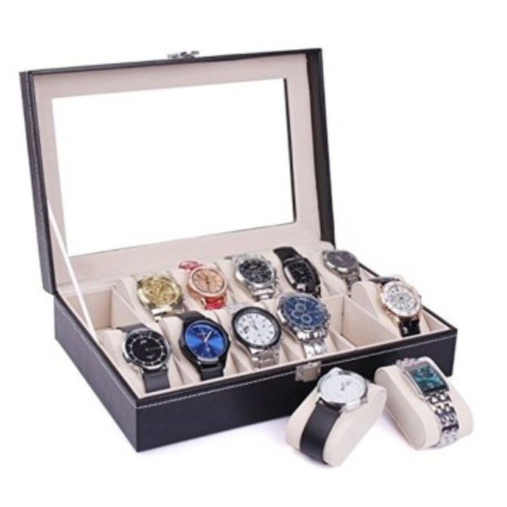 12 Slots PU Leather Watch Display Holder Storage Box