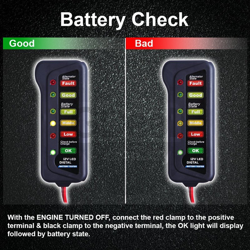 12V Digital Battery Alternator Tester 6 LED Lights Display For Cars Motorcycle