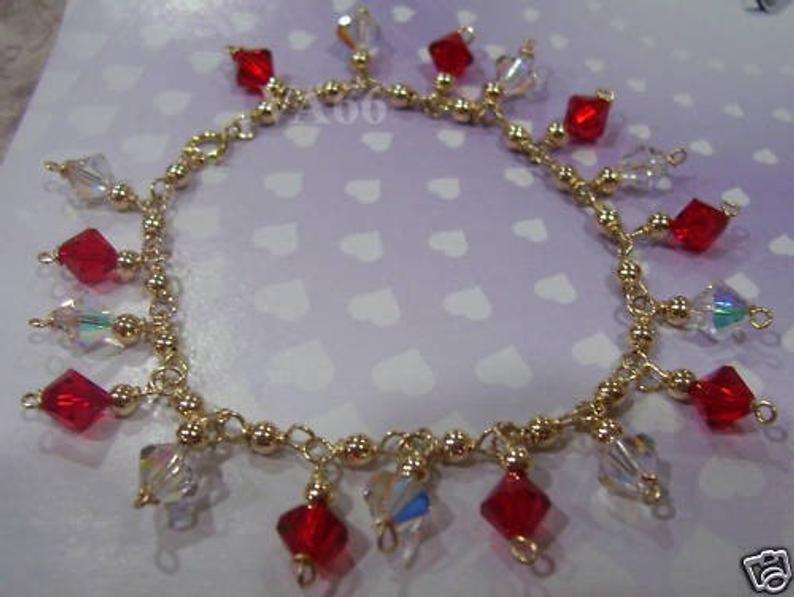 14K Gold Fill Swarovski Charm Bracelet Suasa Red White