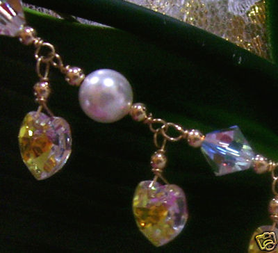 14K Gold Swarovski Crystal Pearl Charm Bracelet Suasa White