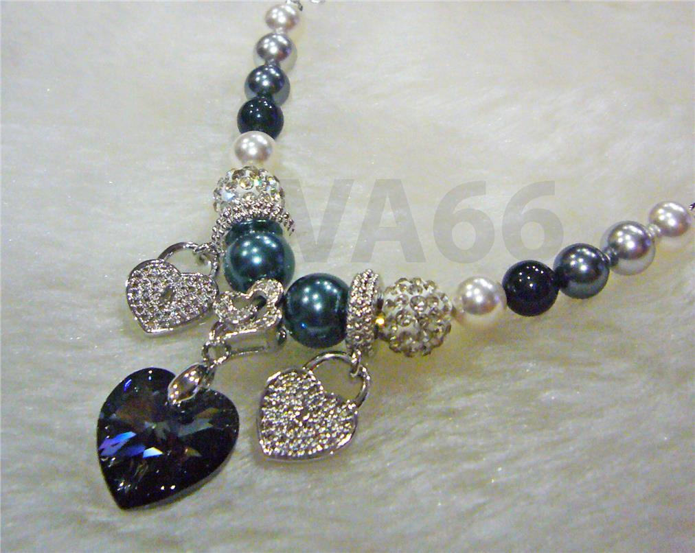 18K Gray Swarovski Pearl Heart Crystal Adjustable Bracelet Gelang