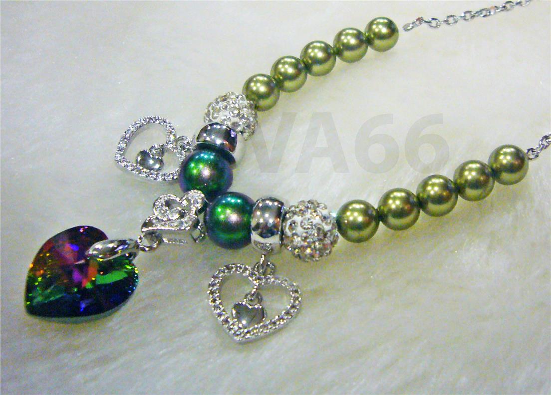 18K Green Swarovski Pearl Heart Crystal Adjustable Bracelet Gelang