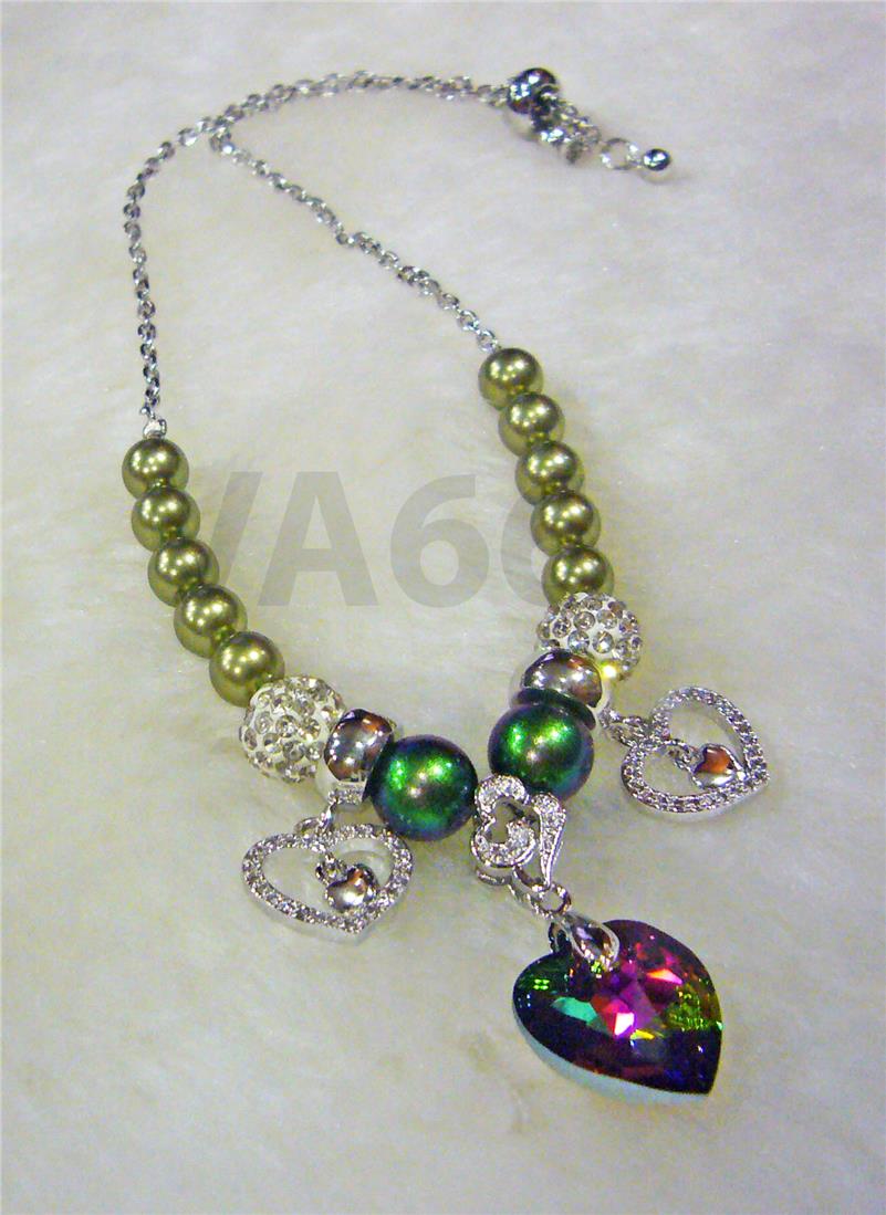 18K Green Swarovski Pearl Heart Crystal Adjustable Bracelet Gelang