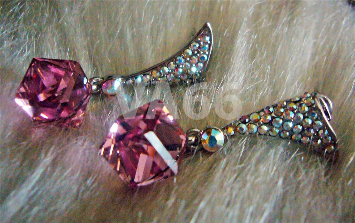 18K Pink Swarovski Crystal AB Cube Stud Earrings Subang Emas Kristal
