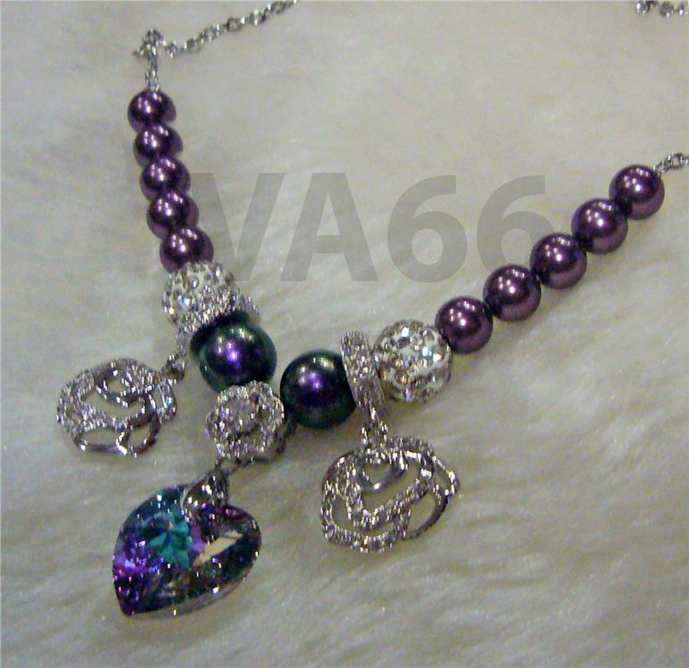 18KGP Purple Swarovski Pearl Heart Crystal Adjustable Bracelet Gelang