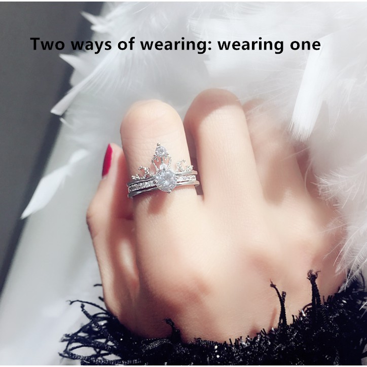 (1SET =2pcs) 2in1 Zircon Crown Crystal Shinning Rings Woman Jewelry