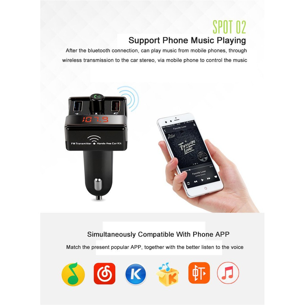 2 In 1 Car Charger Bluetooth MP3 Music Player Phone USB SD AUX FM Transmitter 