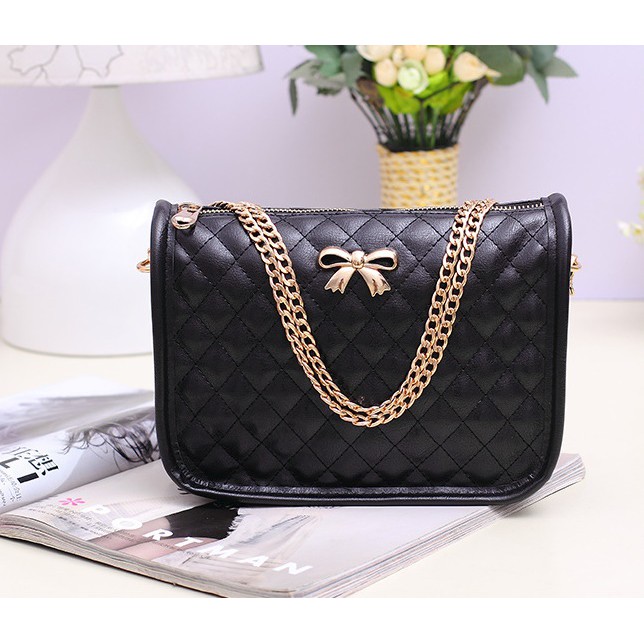 2 in 1 Sweet Ribbon Shoulder Bag Casual Handbag Quilted PU Leather Lady Bags