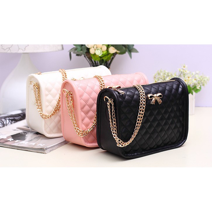 2 in 1 Sweet Ribbon Shoulder Bag Casual Handbag Quilted PU Leather Lady Bags