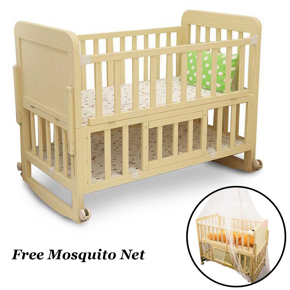 2 Tiers Natural Wooden 2 In 1 Cradle Baby Cot Katil Bayi