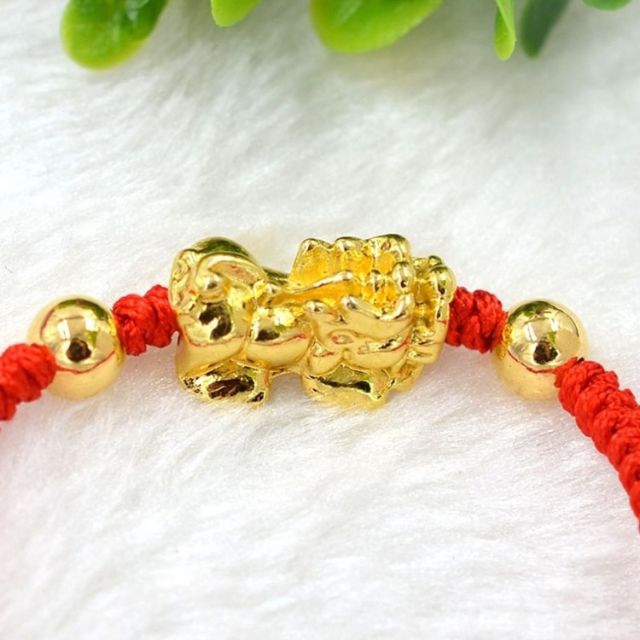 24K Lucky Pixiu Gold Plated Pixiu Red Rope String Lucky Bracelet
