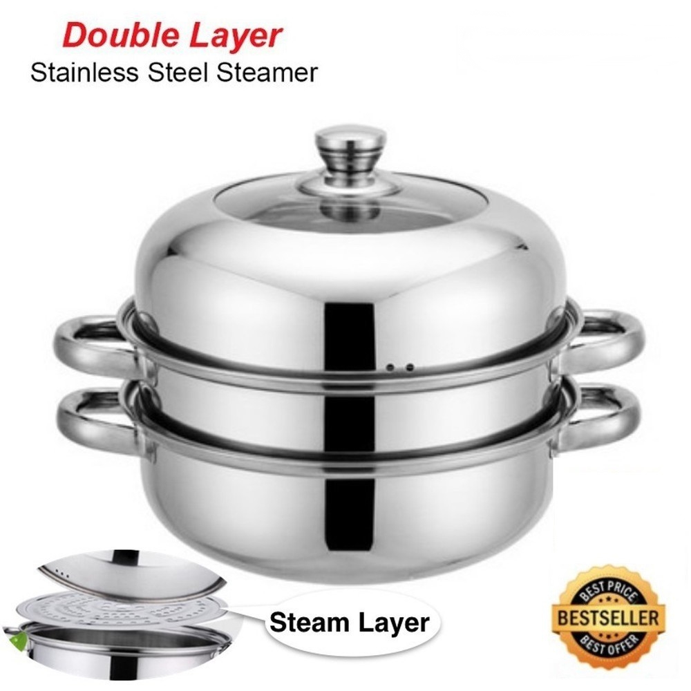 28cm 2 Layers Hot Pot Steamed Soup Stainless Steel Cookware Steam Pot