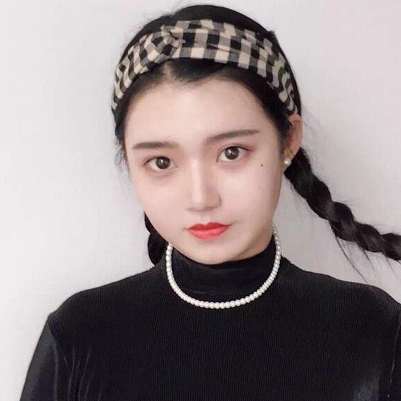 2PCS Korean Styles Ladies Plaid Cross Hairband Women Student Hair Band