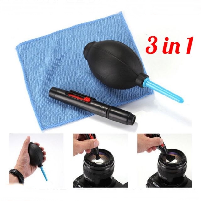 3 In 1 Lens Pen Cleaning Cleaner Dust Pen + Blower + Cloth Kit For Camera