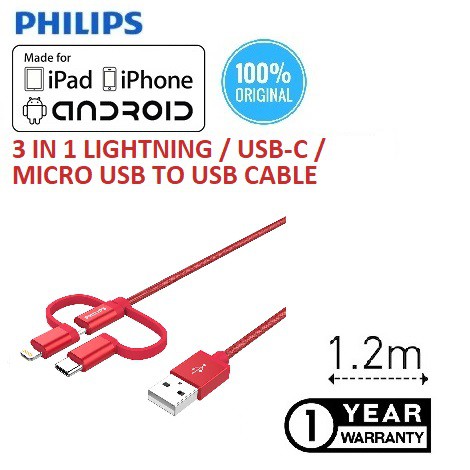 3 IN 1 Philips DLC4540VR-RD MFI Lightning  &amp; USB-C  &amp; Micro USB to USB
