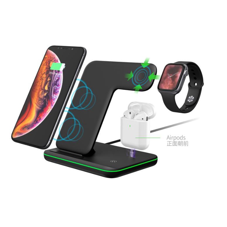 3-in-1 Wireless Charger Stand Qi 15W Fast Charging Station, Apple iWatch + Air