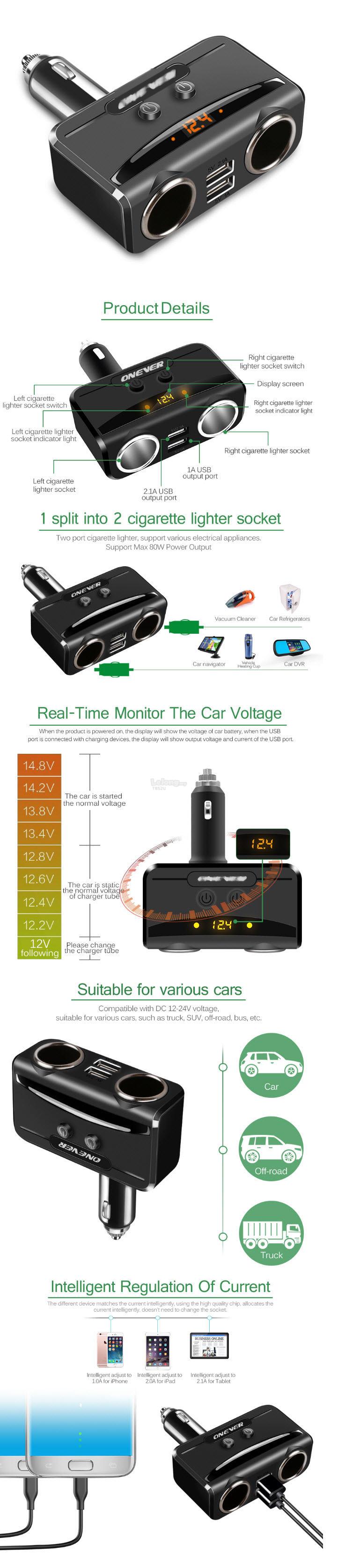 3.1A Dual USB & Cigarette Socket With Volt Display Car Charger