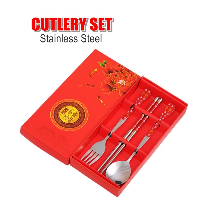 3PCS Tableware Set With Box Portable Stainless Steel Spoon Chopsticks Fork For