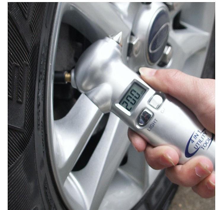 4 in 1 Car Digital Tyre Pressure Gauge Light Rescue Hammer Knife Tire