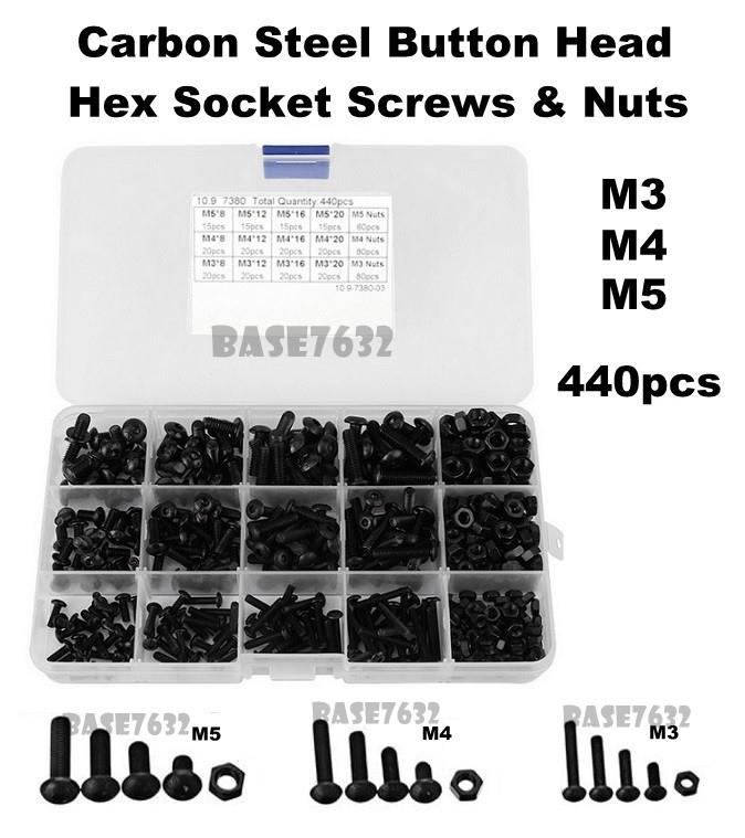 440pcs Carbon Steel M3 M4 M5 Button Head Hex Socket Screws Nuts 2288.1
