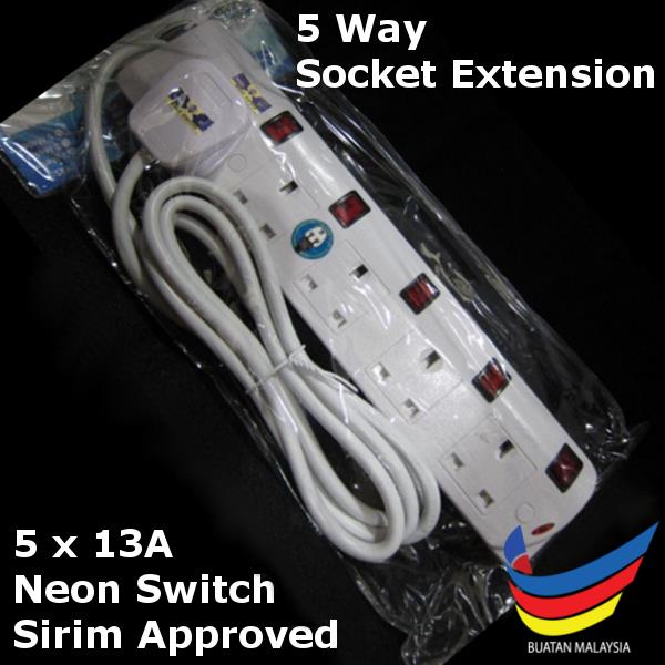 5 Meters - 5 Way 13A NEON Switch socket extension wire TRAILING PLUG