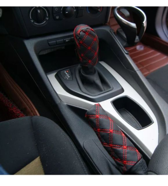 5 Pieces Car Gear Shift Handbrake Rear View Mirror Seat Belt PU Covers - Red