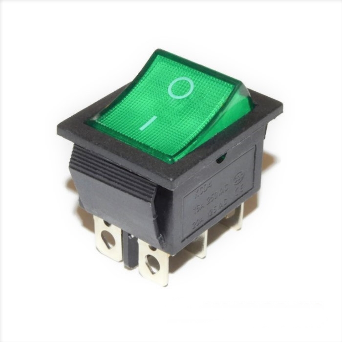 6-Pin KCD4-202N On/Off Rocker Switch DPDT 16A/250V With LED (Green)