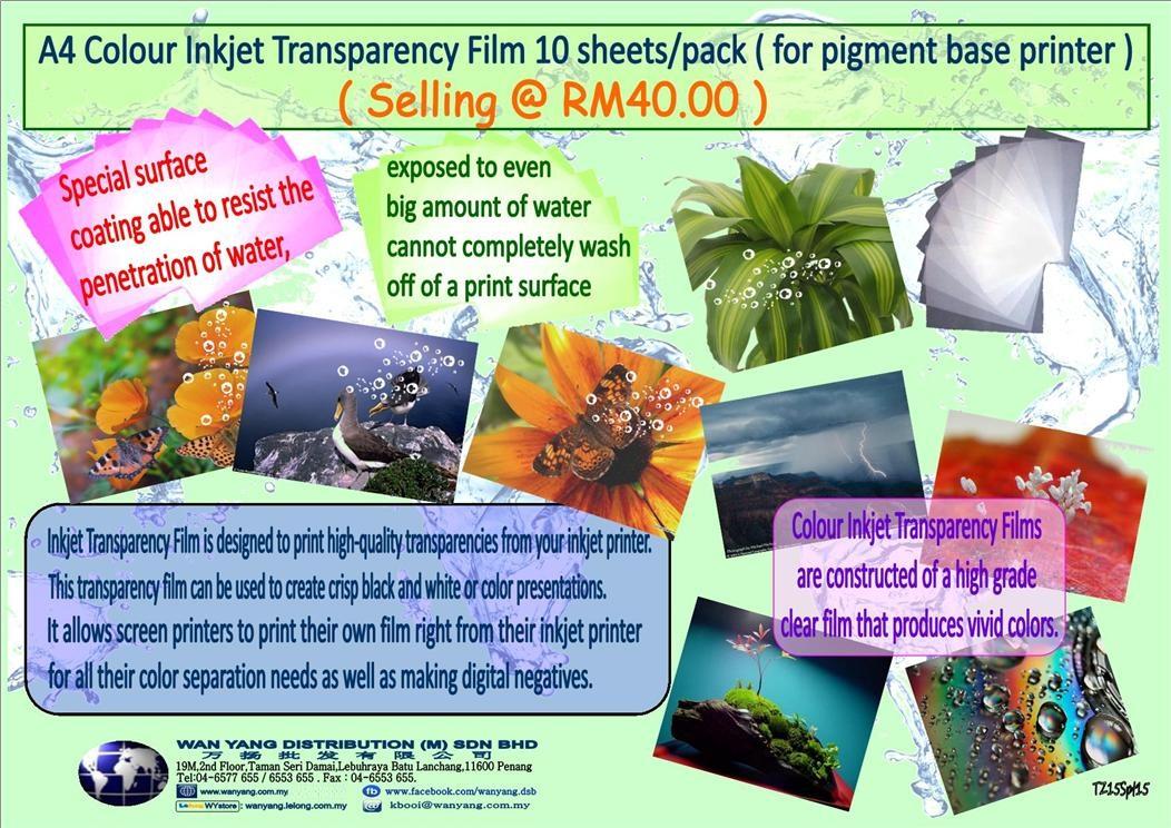 A4ColourInkjet TransparencyFilm10sheets/pack(for pigment base paper)