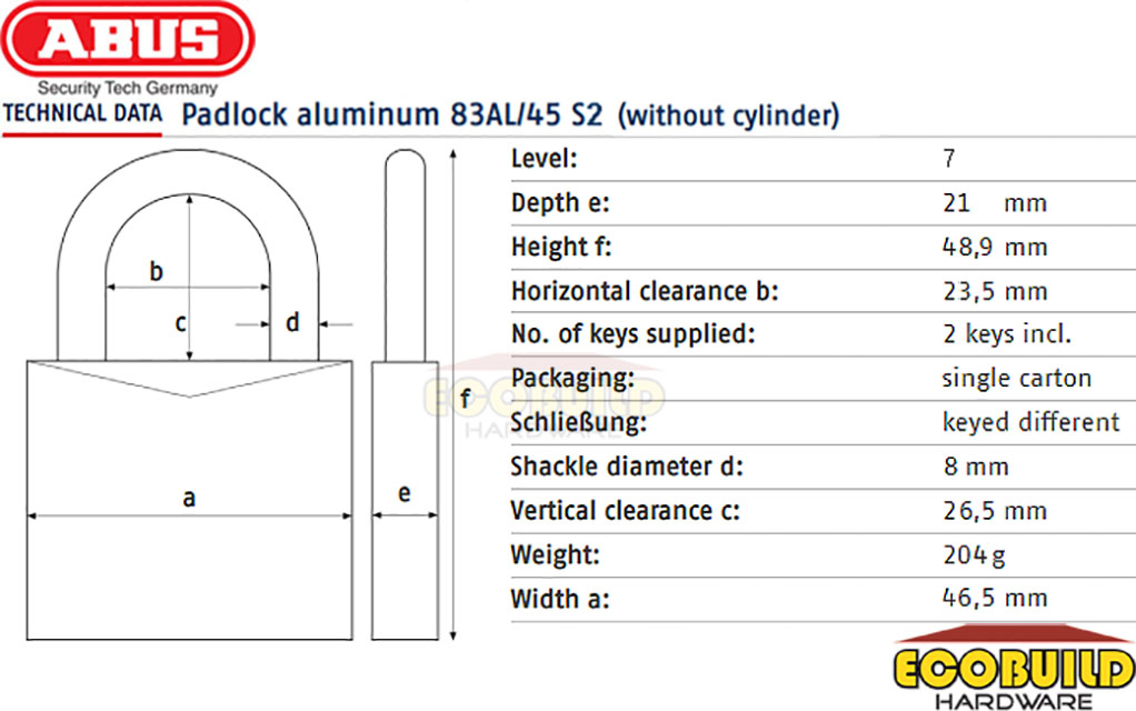 ABUS Padlock Aluminium 83AL/45 S2 Without Cylinder (1 Lock 2 Keys)