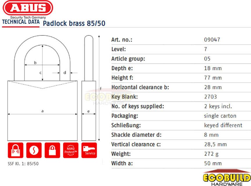 ABUS Padlock Brass 85/50 (1 Lock 2 Keys)