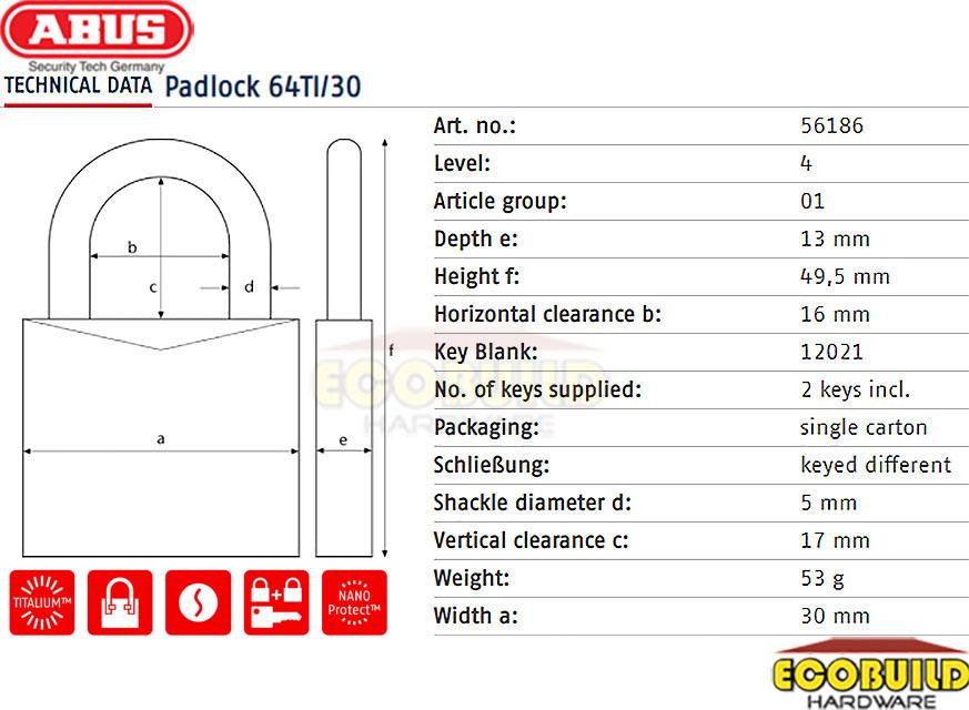 ABUS Padlock Titanium 64TI/30