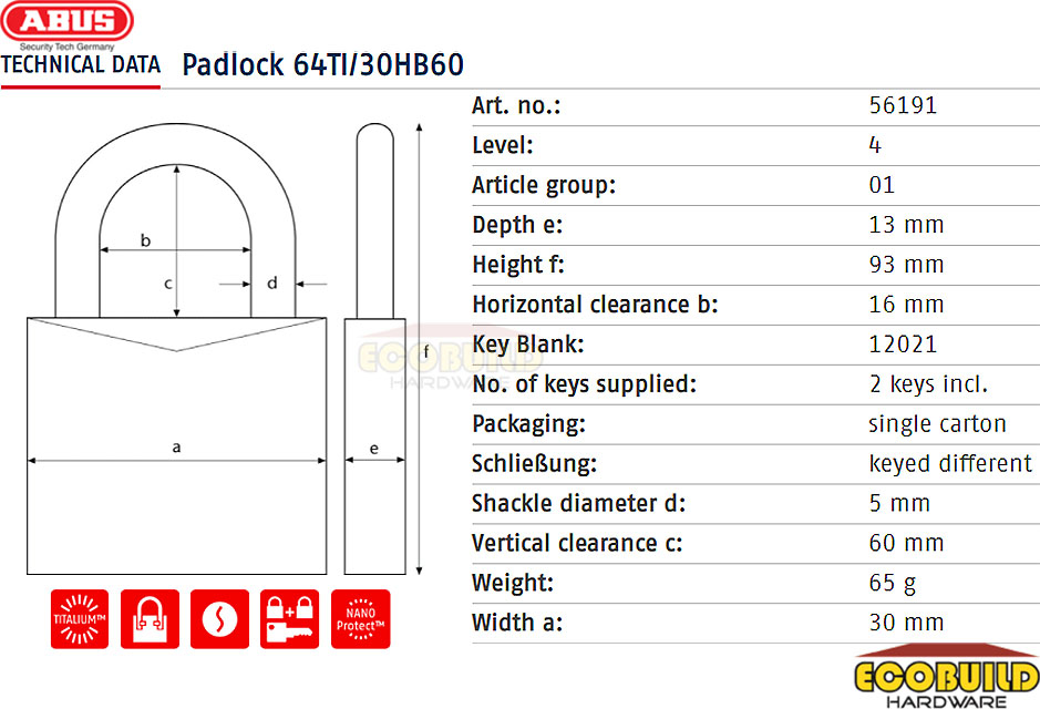 ABUS Padlock Titanium 64TI/30HB60 ~ Long Shackle (1 Lock 2 Keys)