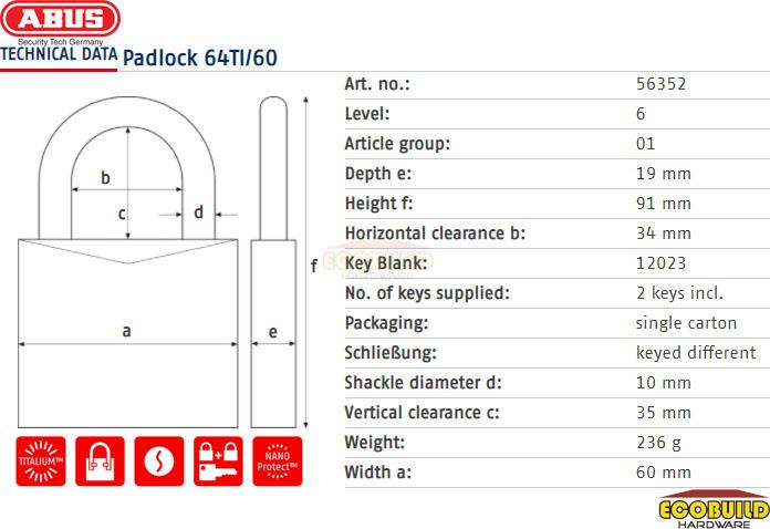 ABUS Padlock Titanium 64TI/60 (1 Lock 2 Keys)