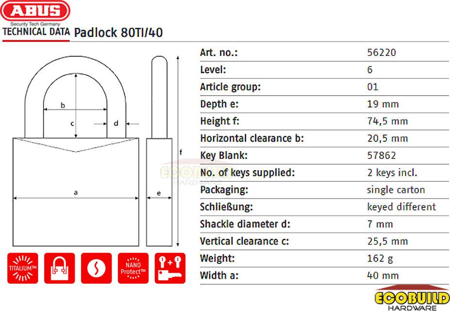 ABUS Padlock Titanium 80TI/40