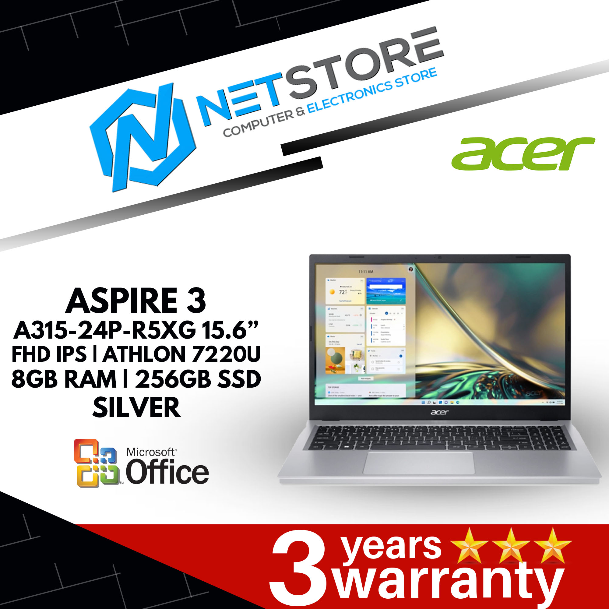 ACER ASPIRE 3 15.6&#8221; FHD IPS|ATHLON 7220U|8GB RAM|256GB SSD-SILVER
