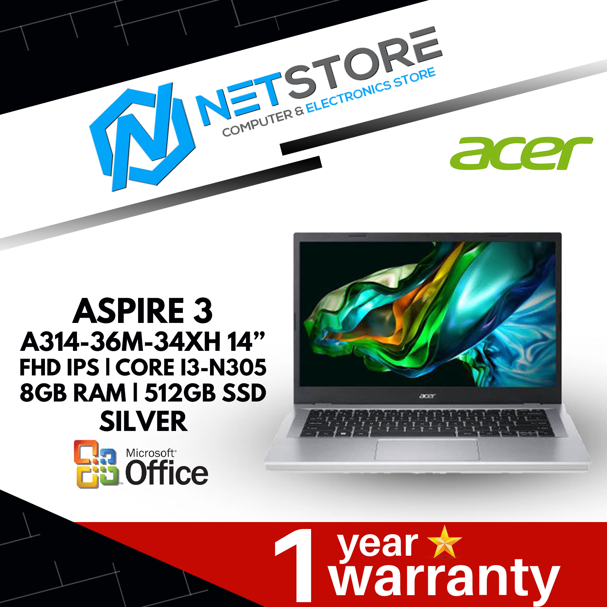 ACER ASPIRE 3 A314-36M-34XH 14&#8221; FHD|I3-N305 8GB RAM | 512GB SSD SILVER