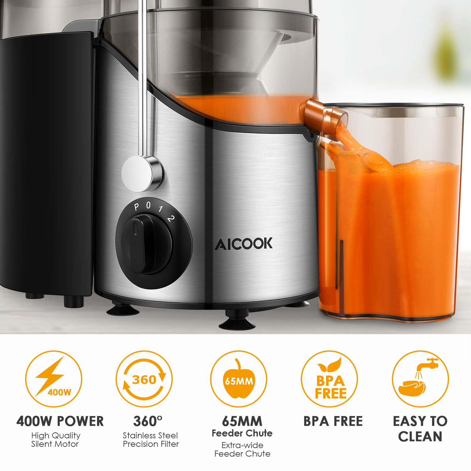 Aicook AMR526 65MM Wide Mouth BPA-Free 304 Stainless Steel Juicer