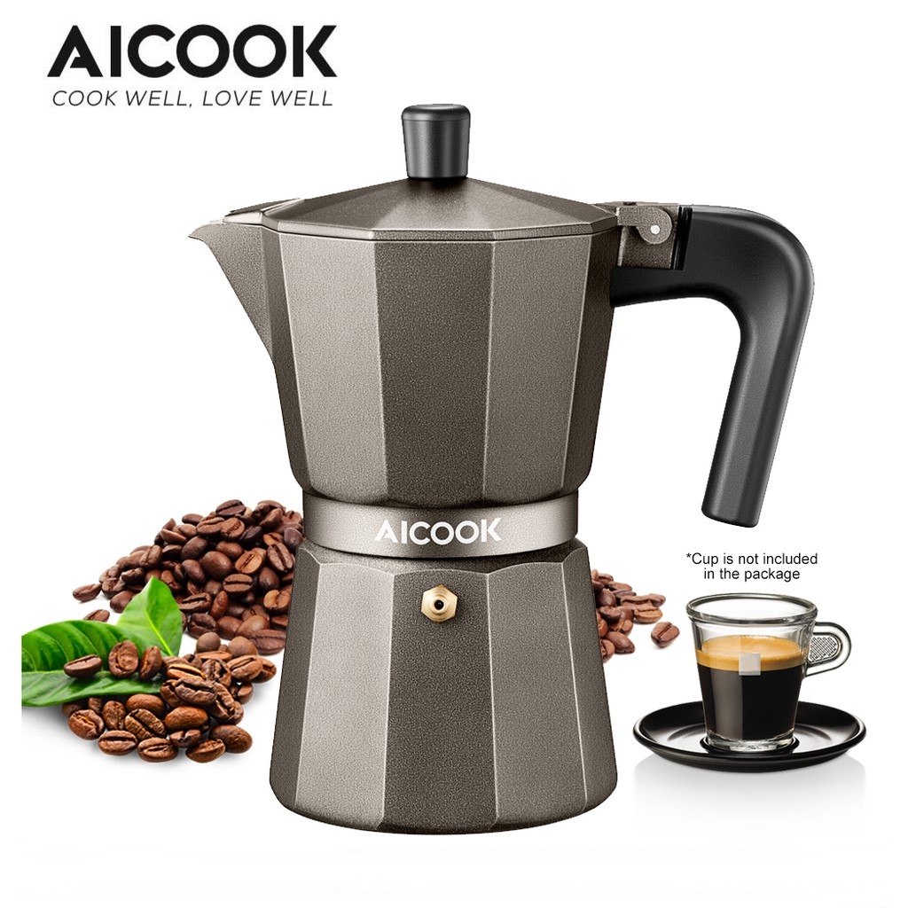 Aicook KD06 Stovetop Aluminium Moka Pot 6 Cups of Single Shot Espresso
