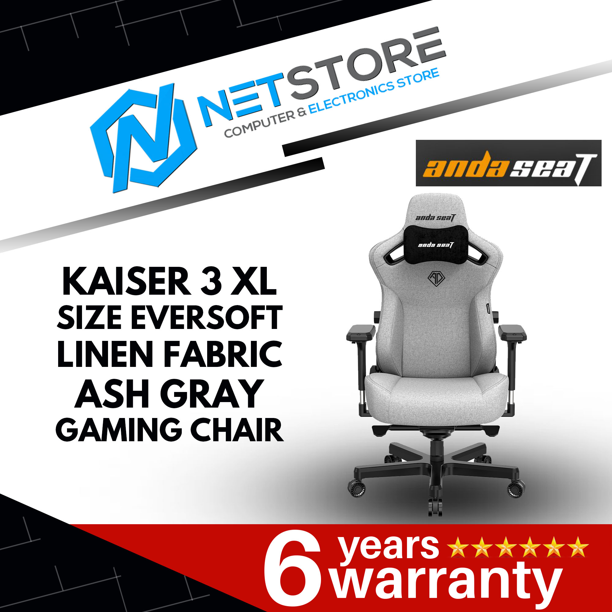 ANDA SEAT KAISER 3 XL SIZE EVERSOFT LINEN FABRIC-ASH GRAY GAMING CHAIR