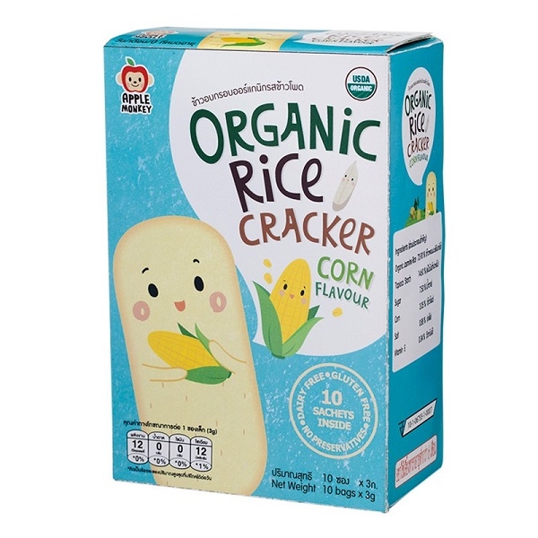Apple Monkey Organic Rice Cracker with DHA Omega 3 (30gm) - Sweet Corn