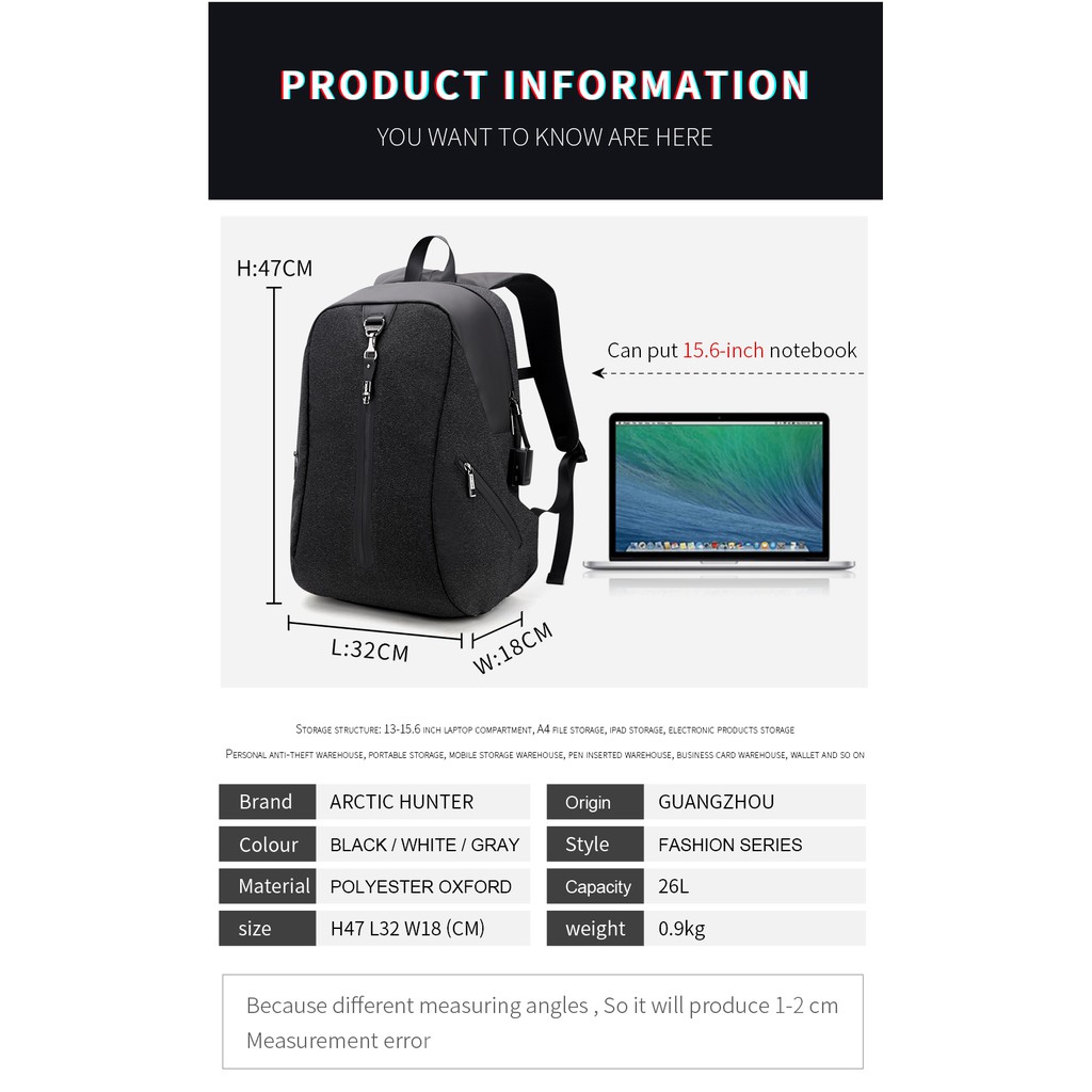 Arctic Hunter i-Future AntiThief Alarm 15.6 Inch Laptop Backpack Bag