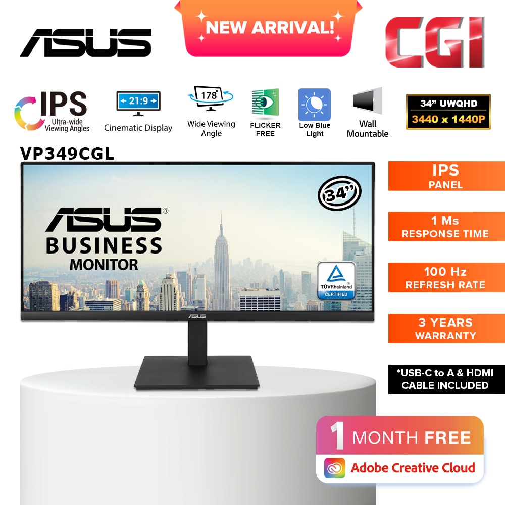 Asus 34&quot; VP349CGL USB-C EyeCare Ergonomic Business Monitor